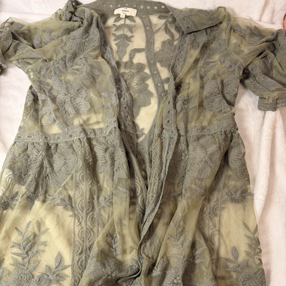 Entro Sage Green Mesh Floral Kimono Romantic Whimsigoth Cover Up Small Beach EUC